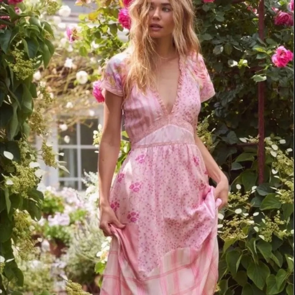 Love Shack & Fancy   Tula Silk Midi Dress Pink Sand Desert Print Mix
